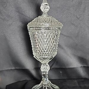 Vintage Indiana Glass Diamond Point Clear Crystal Pedestal Compote with Lid 12"